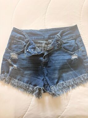 Blue Distressed Fringe Hem Women's Denim Shorts